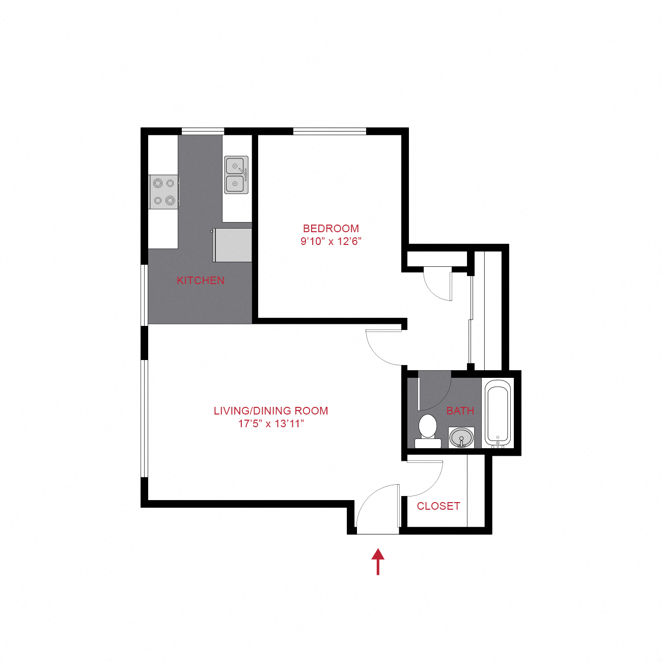 Floor plan for 1 bed, 1 bath, 615 sqft