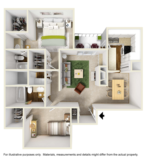 Floor plan for 2 beds, 2 baths, 1186 sqft