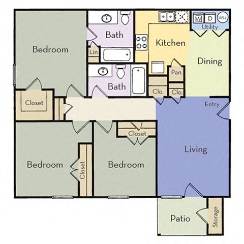 Floor plan for 3 beds, 2 baths, 1075 sqft