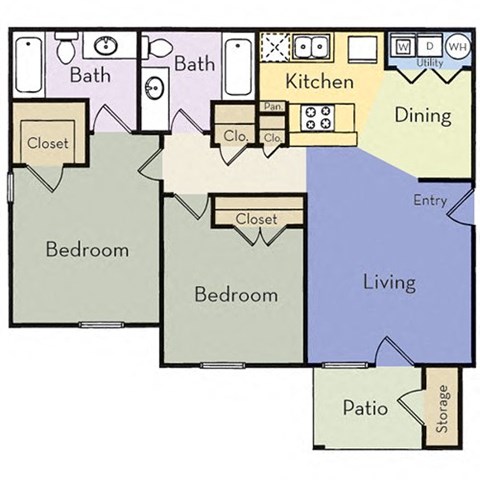 Floor plan for 2 beds, 2 baths, 836 sqft