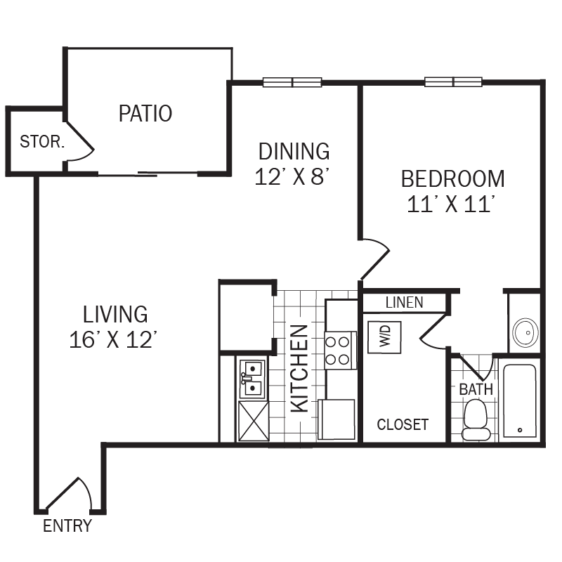 Floor plan for 1 bed, 1 bath, 668 sqft