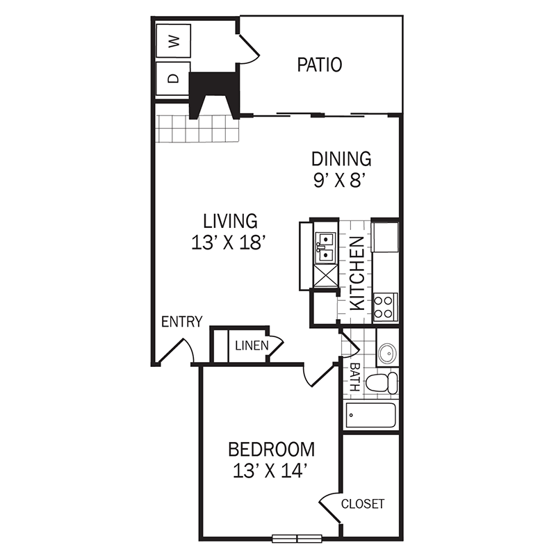 Floor plan for 1 bed, 1 bath, 821 sqft