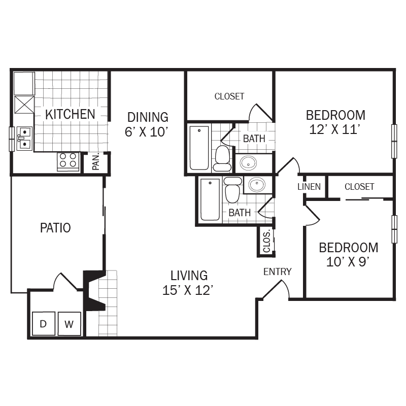 Floor plan for 2 beds, 2 baths, 1036 sqft