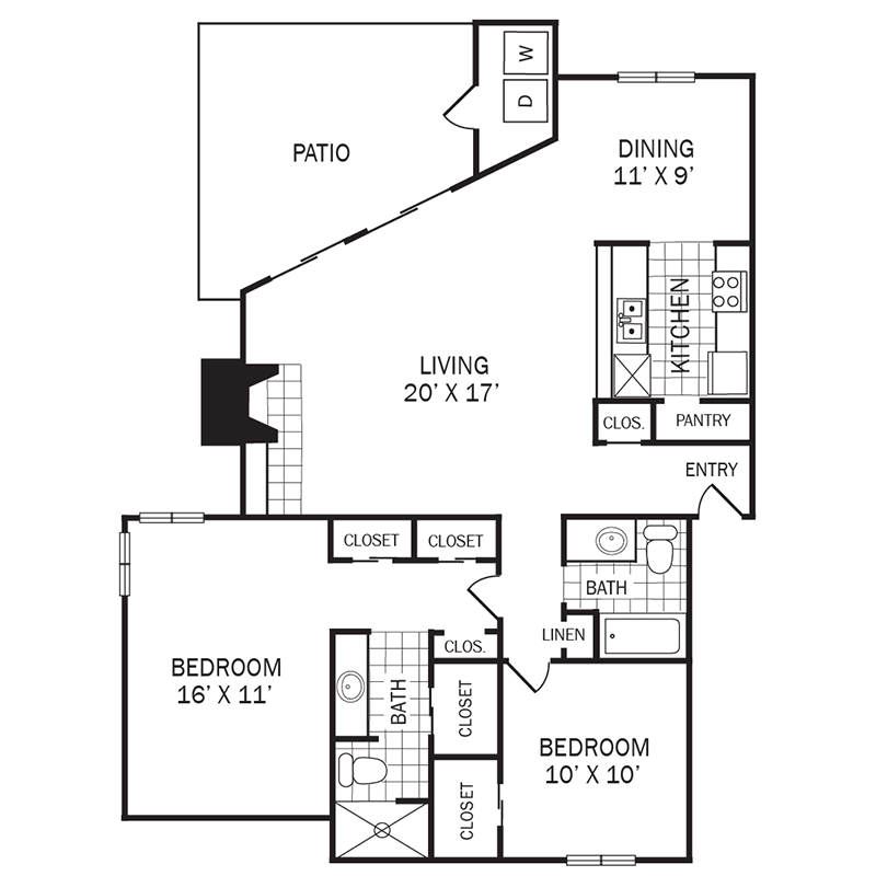 Floor plan for 2 beds, 2 baths, 1226 sqft