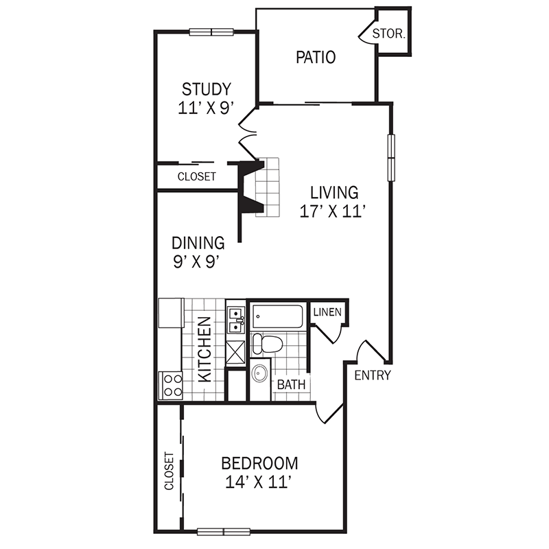 Floor plan for 1 bed, 1 bath, 826 sqft