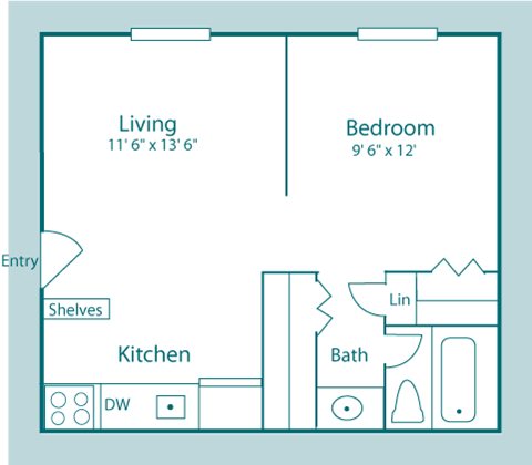 Floor plan for 1 bed, 1 bath, 422 sqft