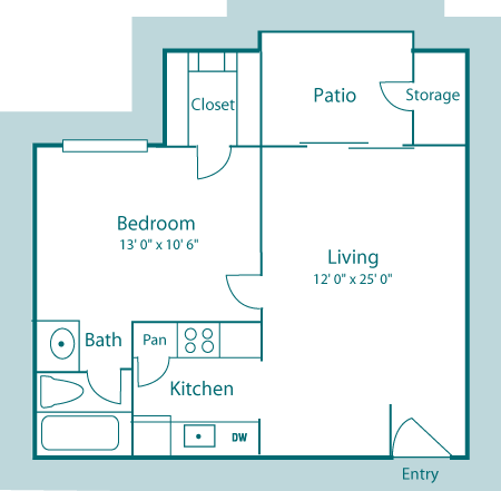 Floor plan for 1 bed, 1 bath, 550 sqft