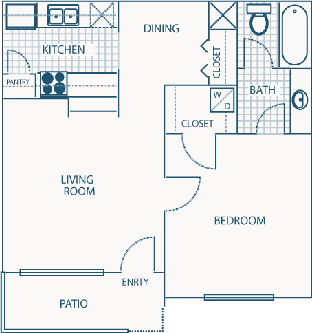 Floor plan for 1 bed, 1 bath, 566 sqft