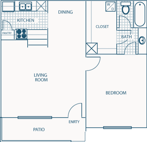 Floor plan for 1 bed, 1 bath, 652 sqft