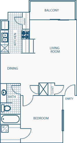 Floor plan for 1 bed, 1 bath, 673 sqft