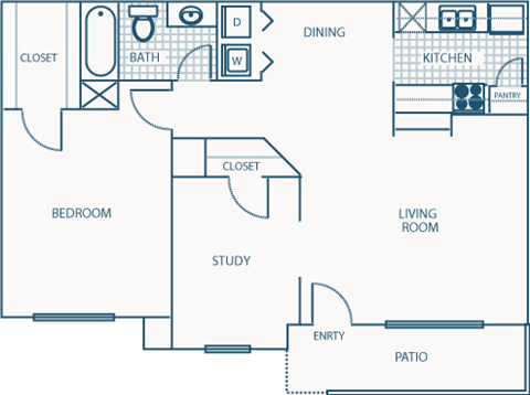 Floor plan for 2 beds, 1 bath, 803 sqft