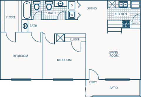 Floor plan for 2 beds, 1.5 baths, 893 sqft