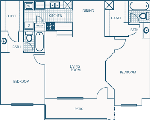 Floor plan for 2 beds, 2 baths, 1028 sqft