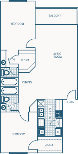 Floor plan for 2 beds, 2 baths, 1050 sqft