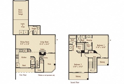 Floor plan for 2 beds, 2.5 baths, 1200 sqft