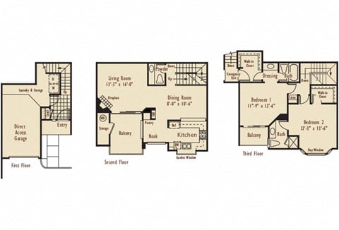 Floor plan for 2 beds, 2.5 baths, 1275 sqft