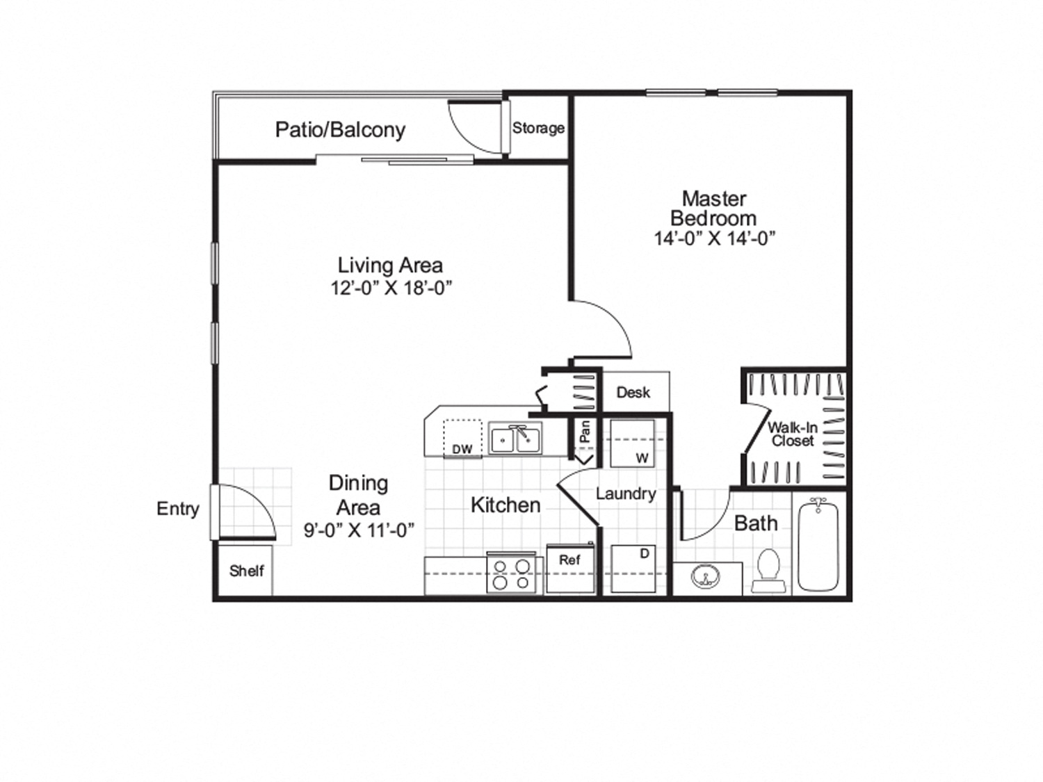 Floor plan for 1 bed, 1 bath, 759 sqft