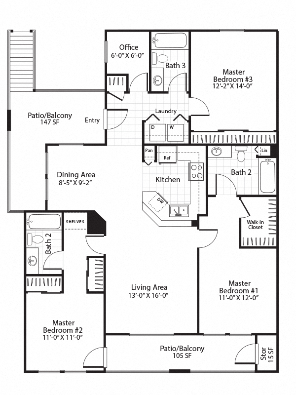 Floor plan for 3 beds, 3 baths, 1528 sqft