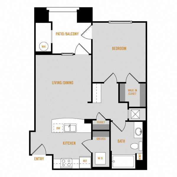Floor plan for 1 bed, 1 bath, 710 sqft