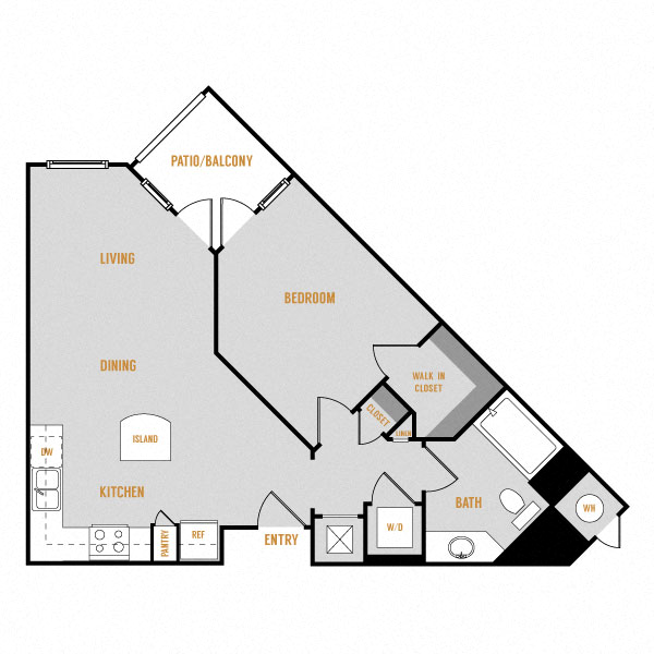 Floor plan for 1 bed, 1 bath, 701 sqft