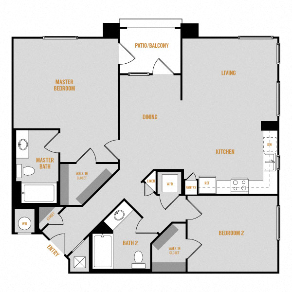 Floor plan for 2 beds, 2 baths, 1235 sqft