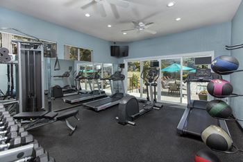 A gym with weights and cardio equipment and a window overlooking a patio
