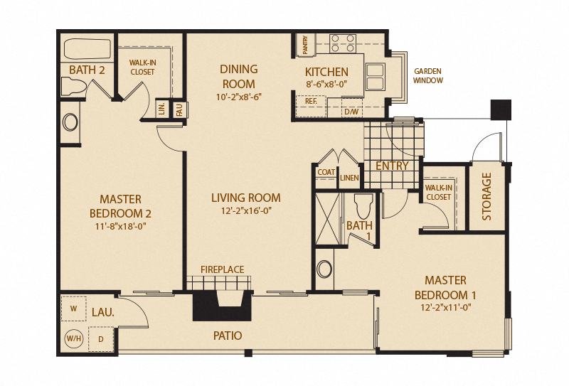 Floor plan for 2 beds, 2 baths, 1050 sqft