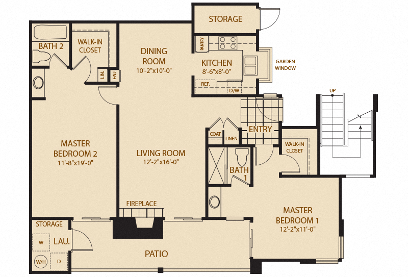 Floor plan for 2 beds, 2 baths, 1105 sqft
