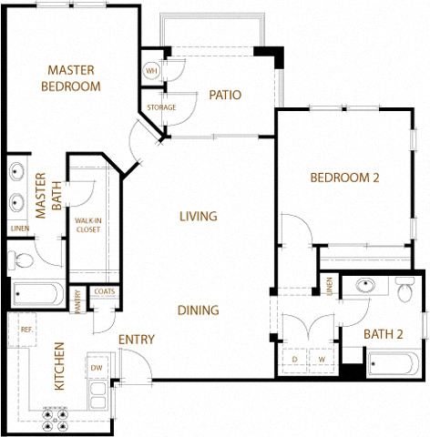 Floor plan for 2 beds, 2 baths, 1075 sqft