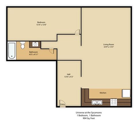 Floor plan for 1 bed, 1 bath, 904 sqft