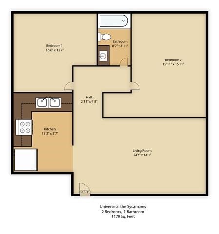 Floor plan for 2 beds, 1 bath, 1170 sqft