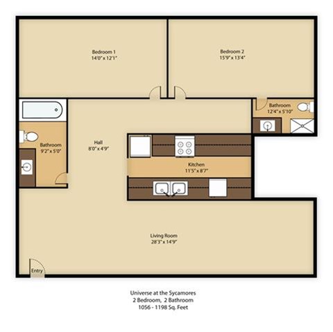 Floor plan for 2 beds, 2 baths, 1179 sqft