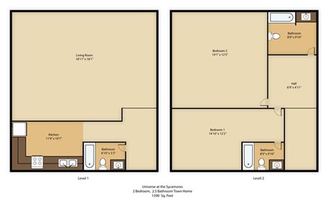 Floor plan for 2 beds, 2.5 baths, 1390 sqft