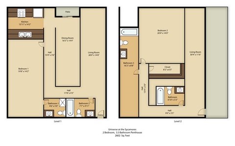 Floor plan for 2 beds, 3.5 baths, 2602 sqft