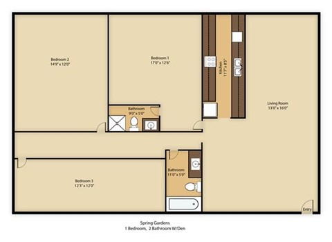 Floor plan for 3 beds, 2 baths, 1598 sqft