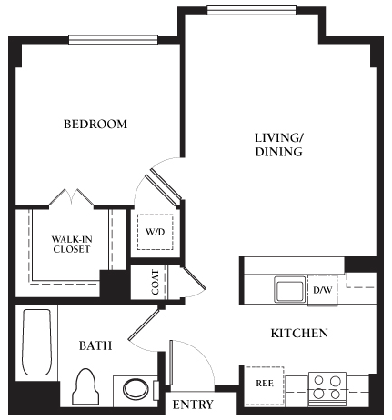 Floor plan for 1 bed, 1 bath, 650 sqft
