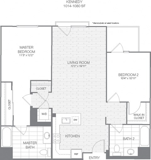 Floor plan for 2 beds, 2 baths, 1047 sqft