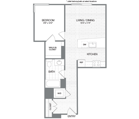 Floor plan for 1 bed, 1 bath, 682 sqft