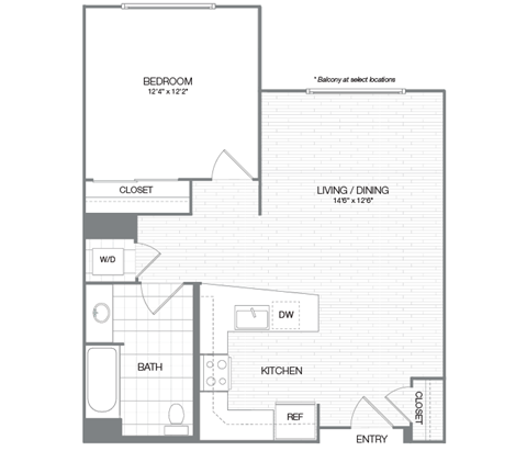 Floor plan for 1 bed, 1 bath, 774 sqft