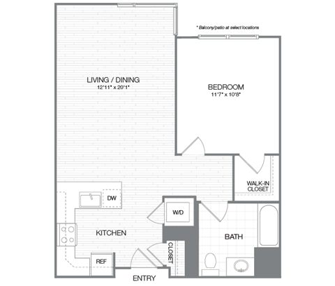 Floor plan for 1 bed, 1 bath, 790 sqft