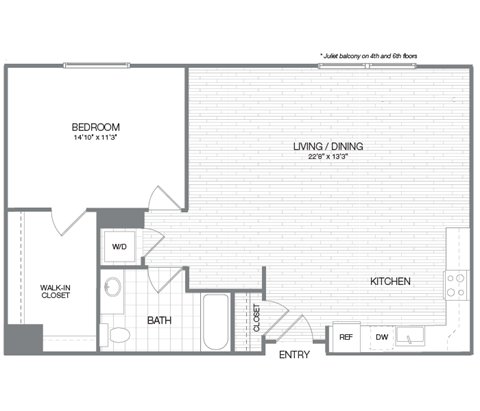 Floor plan for 1 bed, 1 bath, 891 sqft