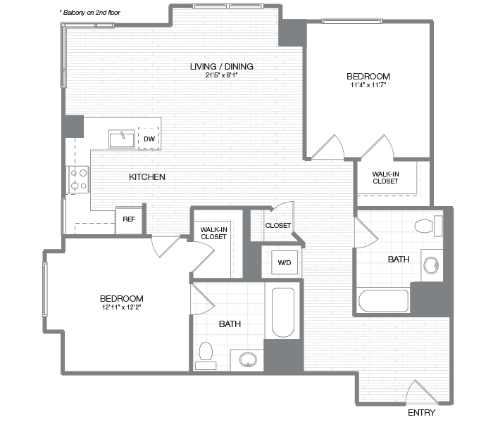 Floor plan for 2 beds, 2 baths, 1131 sqft