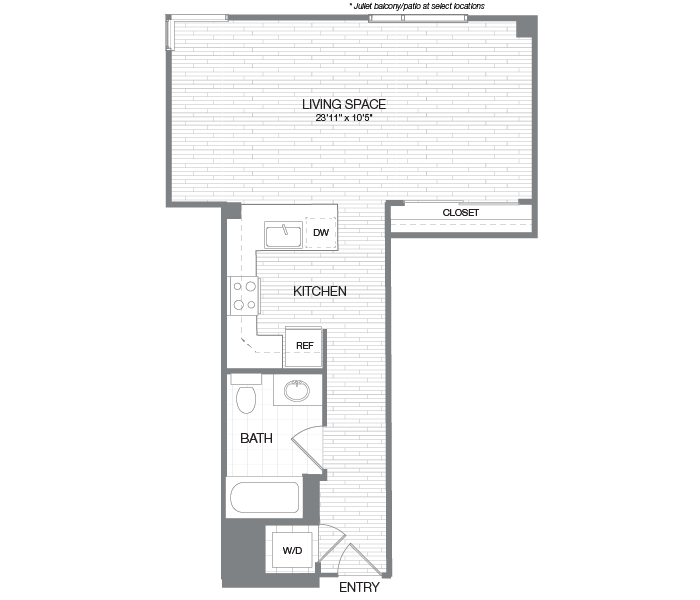 Floor plan for studio, 1 bath, 619 sqft
