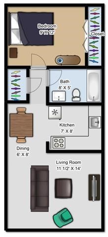Floor plan for 1 bed, 1 bath, 690 sqft