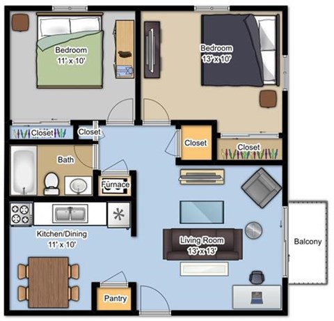 Floor plan for 2 beds, 1 bath, 760 sqft