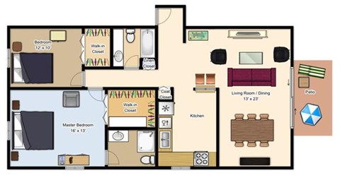 Floor plan for 2 beds, 2 baths, 1300 sqft