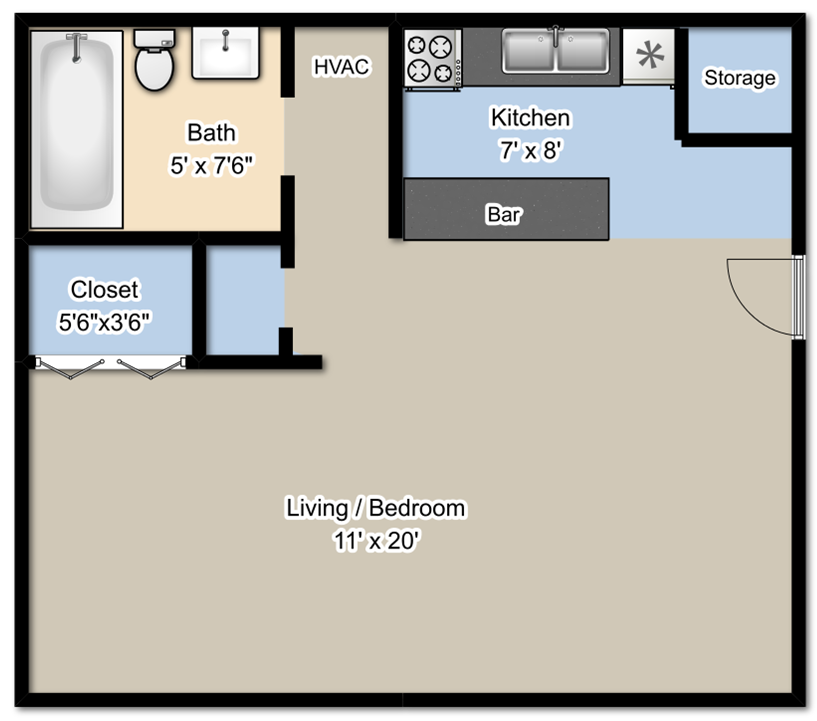 Floor plan for studio, 1 bath, 458 sqft