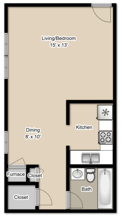 Floor plan for studio, 1 bath, 590 sqft