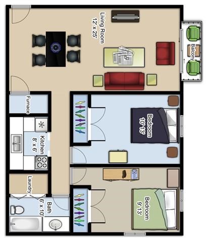 Floor plan for 2 beds, 1 bath, 894 sqft