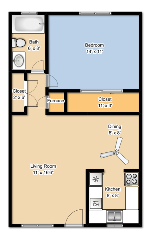 Floor plan for 1 bed, 1 bath, 650 sqft